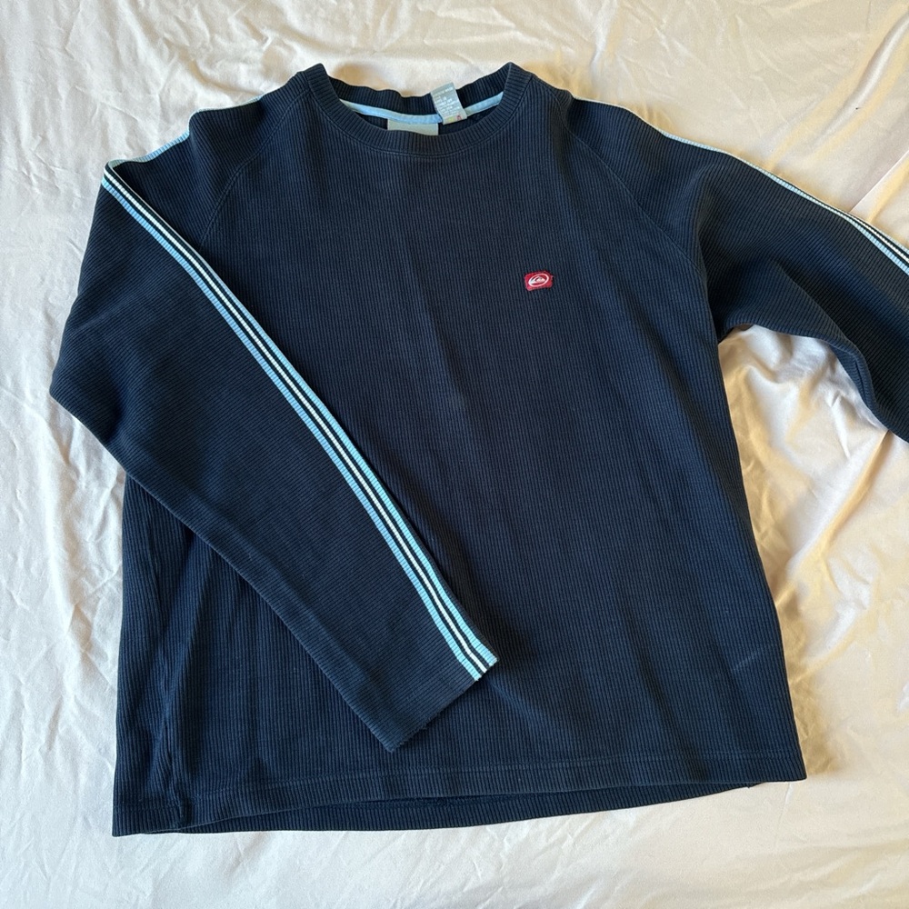 Vintage Navy Blue Long Sleeve Shirt/Crewneck with Striped Sleeves